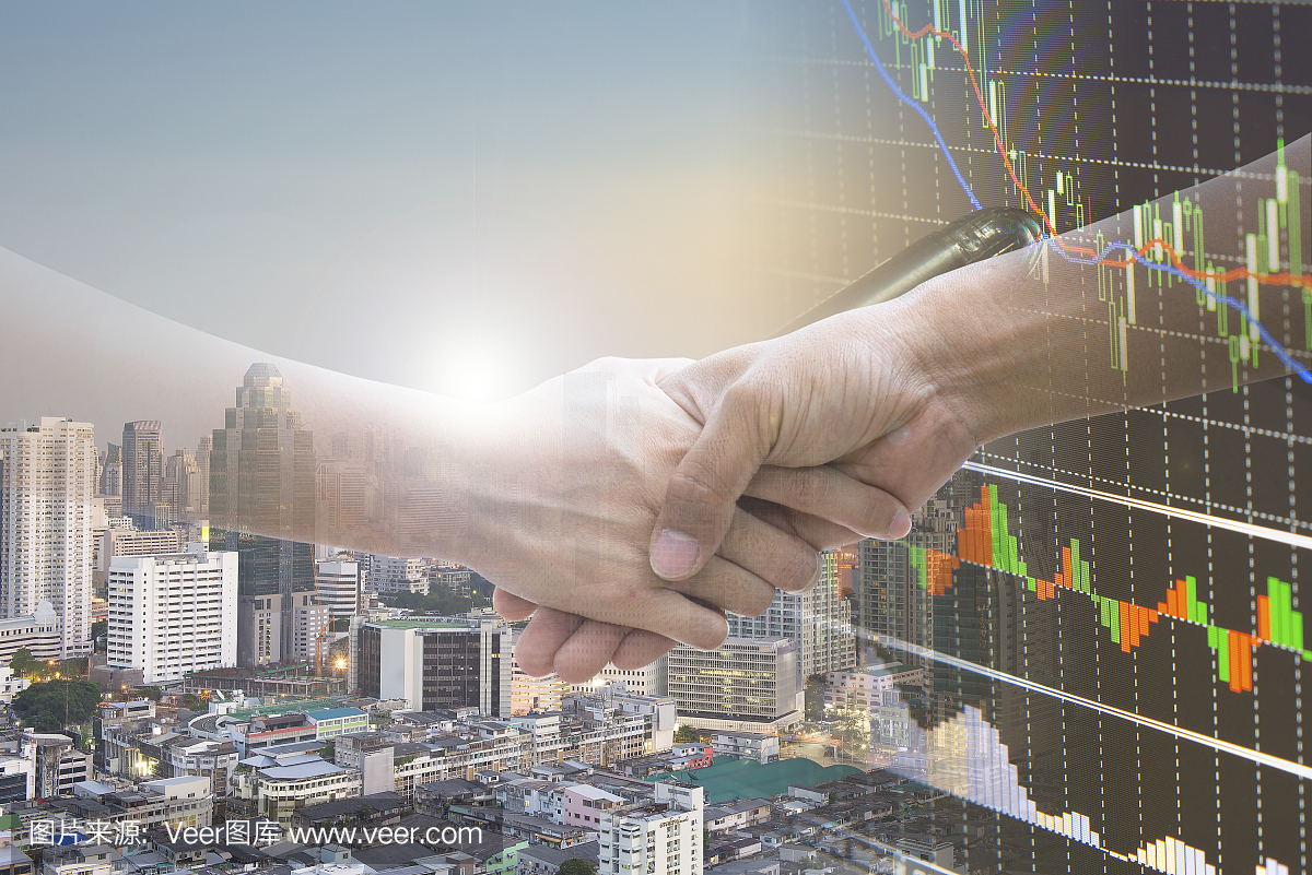 雙曝光與城市景觀和商業圖握手